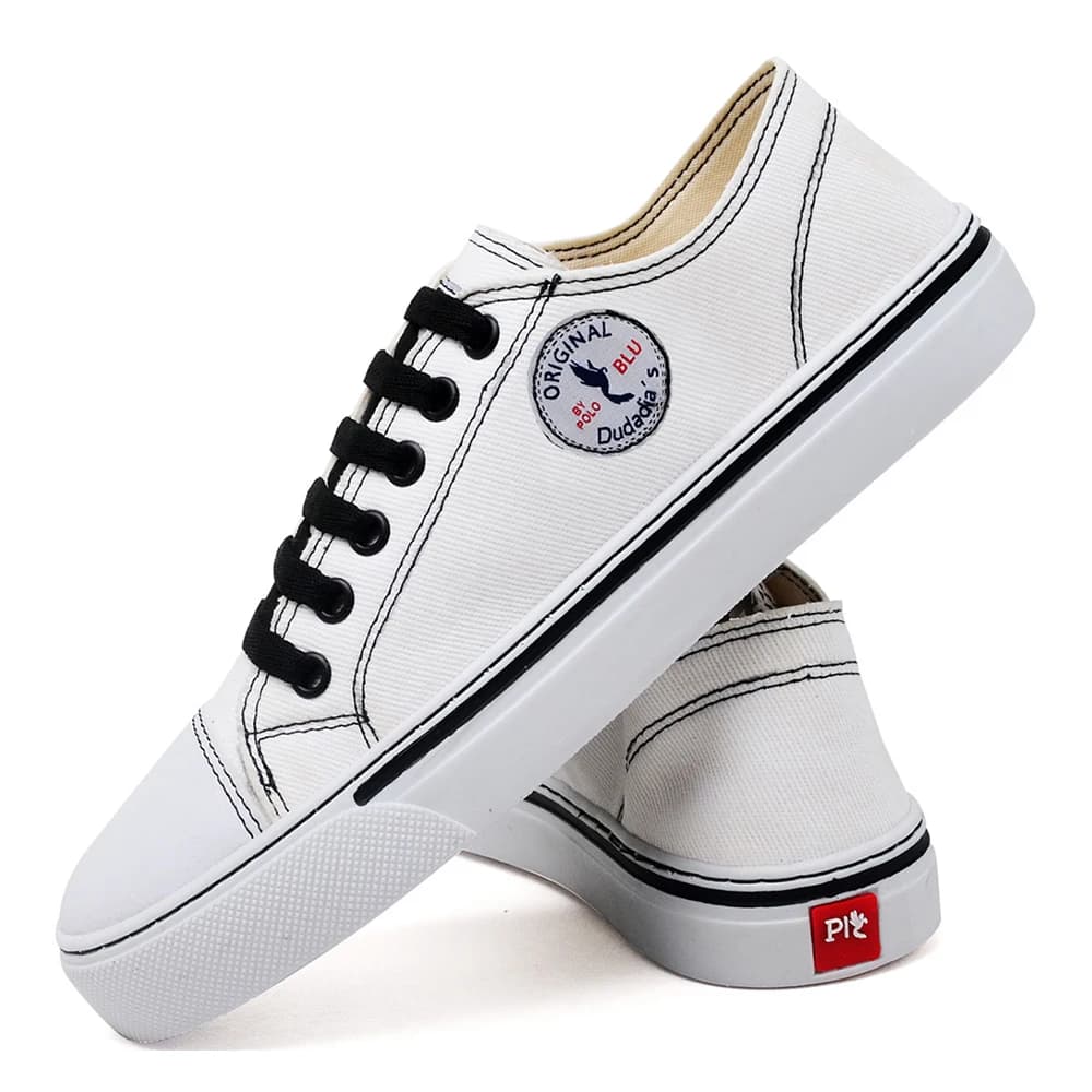 Tênis feminino casual Blu Original branco com cadarço preto e costura preta cano baixo solado branco