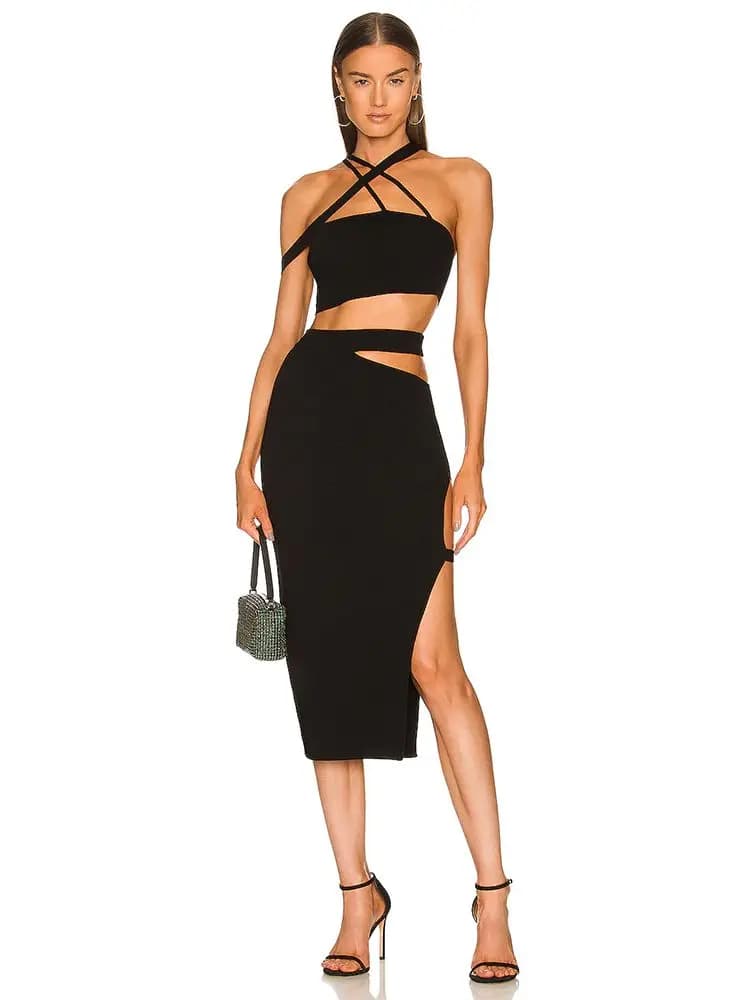 Bandagem terno feminino 2022 verão 2 conjuntos de duas peças sexy bodycon recortado topo & longa saia midi clube festa à noite outfit