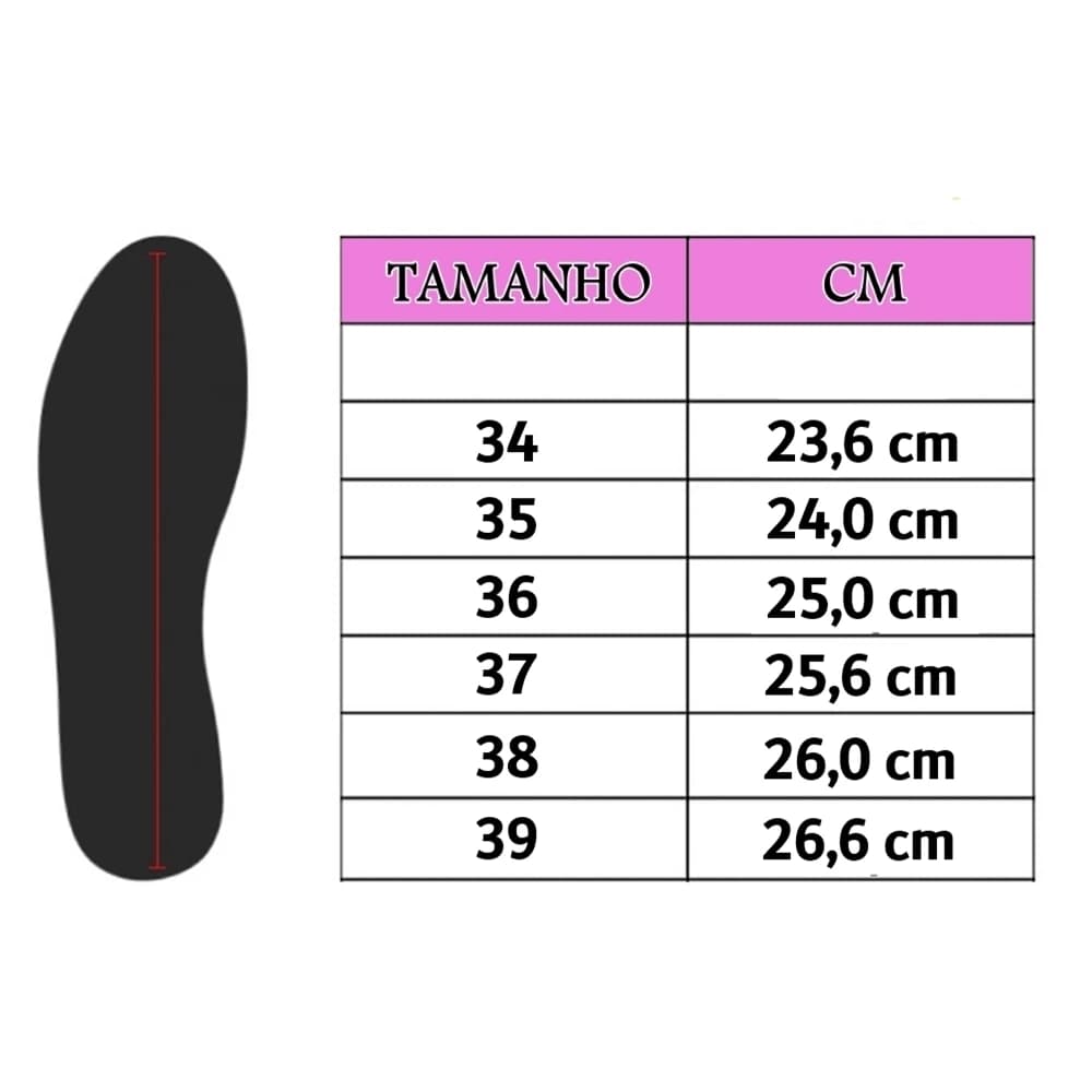 Tabela de tamanhos tênis feminino Blu Original do 34 ao 39 com medidas em centímetros para cada tamanho