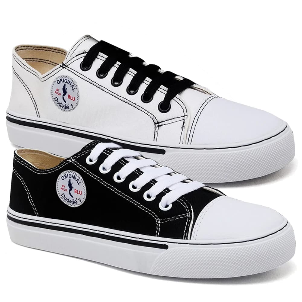 Tênis feminino casual cano baixo preto e branco com bordados ORIGINAL e BLÚ