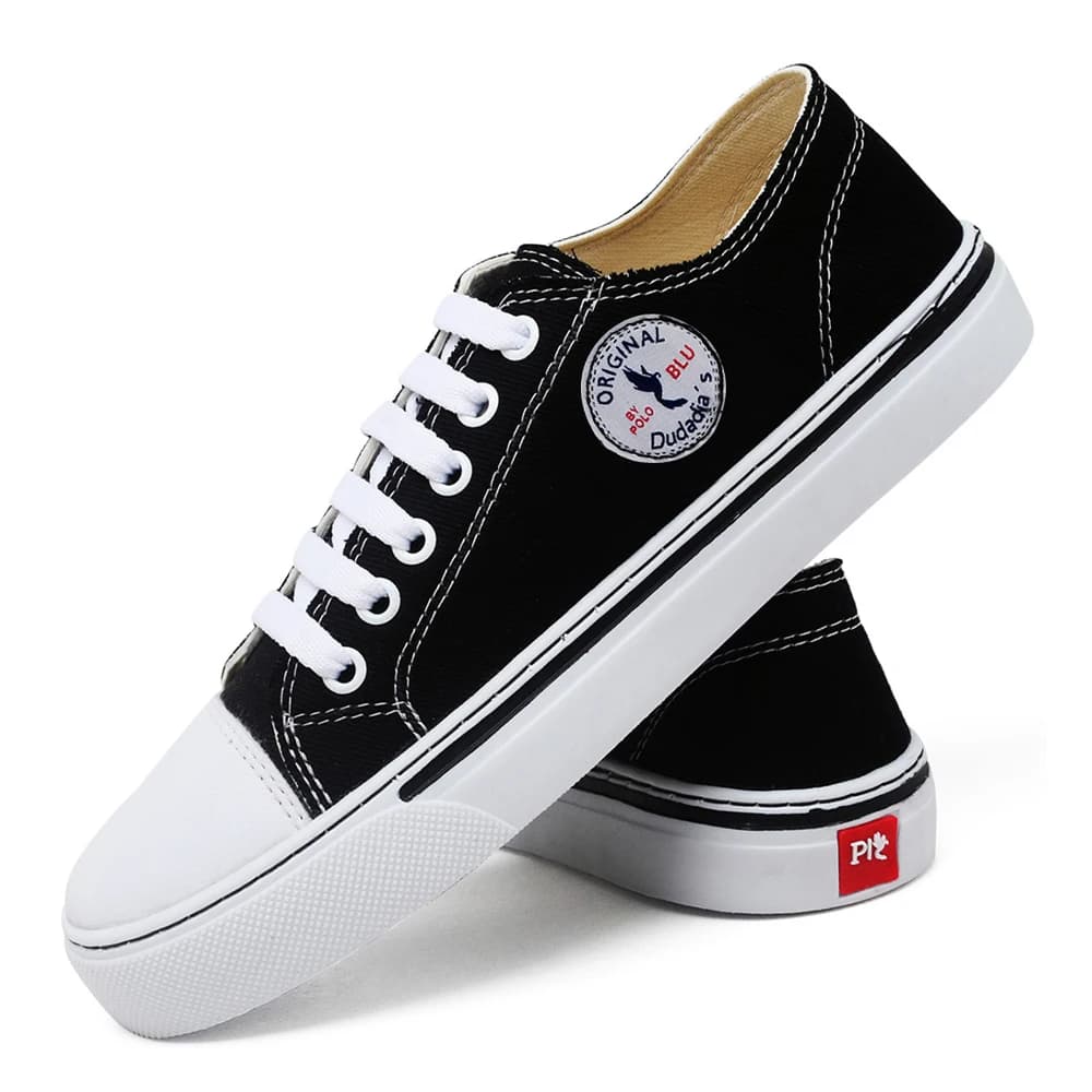 Tênis feminino casual Blu Original preto com cadarço branco e costura branca cano baixo solado branco
