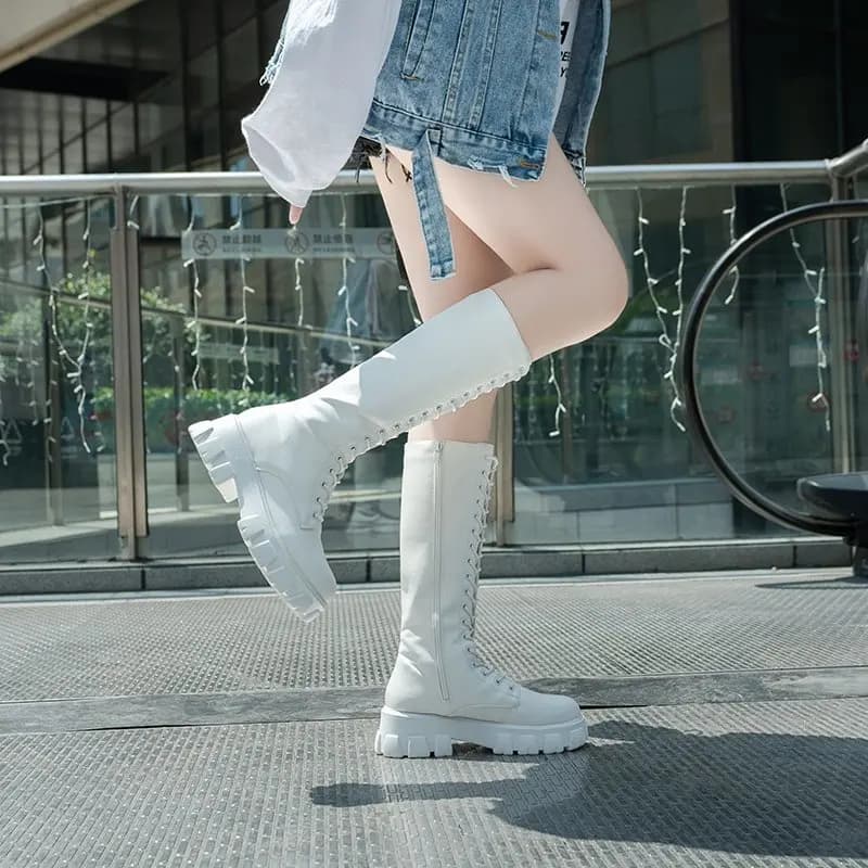 Aphixta 2025 sapatos de inverno das mulheres botas altas longas branco couro do plutônio joelho botas altas moda feminina rendas até plataforma botas mujer