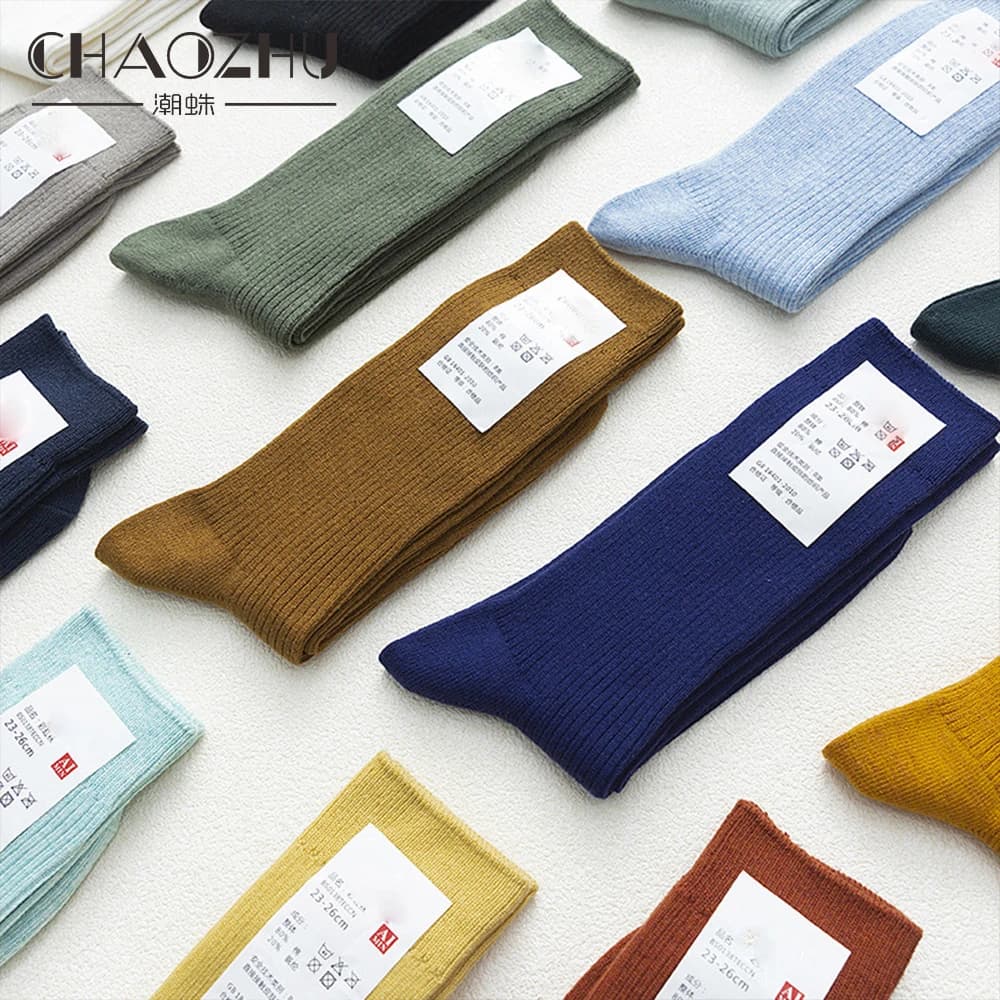 Chaozhu japonês agulhas duplas algodão tricô costela fina negócios algodão longo meias masculinas estiramento casual diário básico marca meias