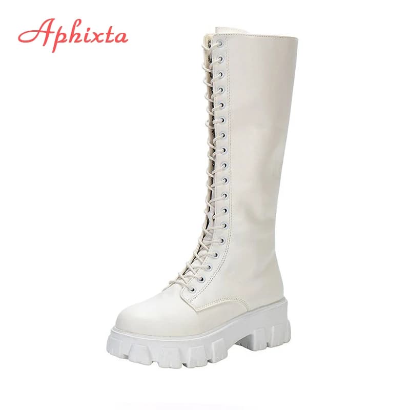 Aphixta 2025 sapatos de inverno das mulheres botas altas longas branco couro do plutônio joelho botas altas moda feminina rendas até plataforma botas mujer