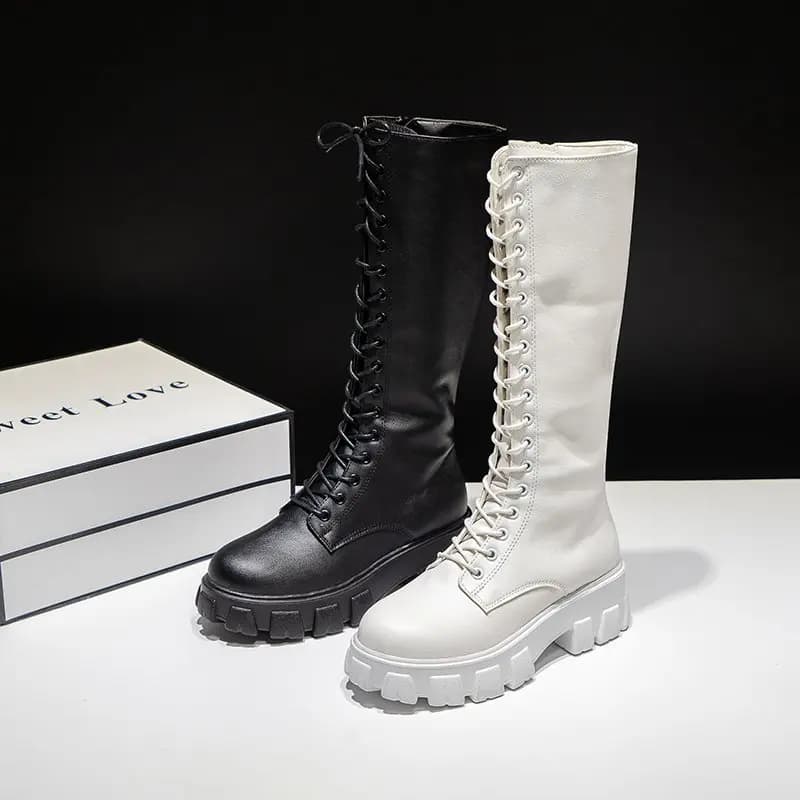 Aphixta 2025 sapatos de inverno das mulheres botas altas longas branco couro do plutônio joelho botas altas moda feminina rendas até plataforma botas mujer