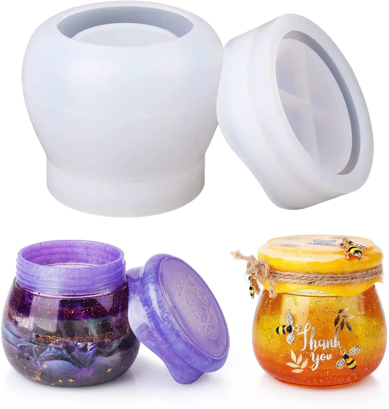 Molde de resina de silicone para garrafa de armazenamento de pote de pudim com tampa, suporte de vela, molde de resina de fundição epóxi
