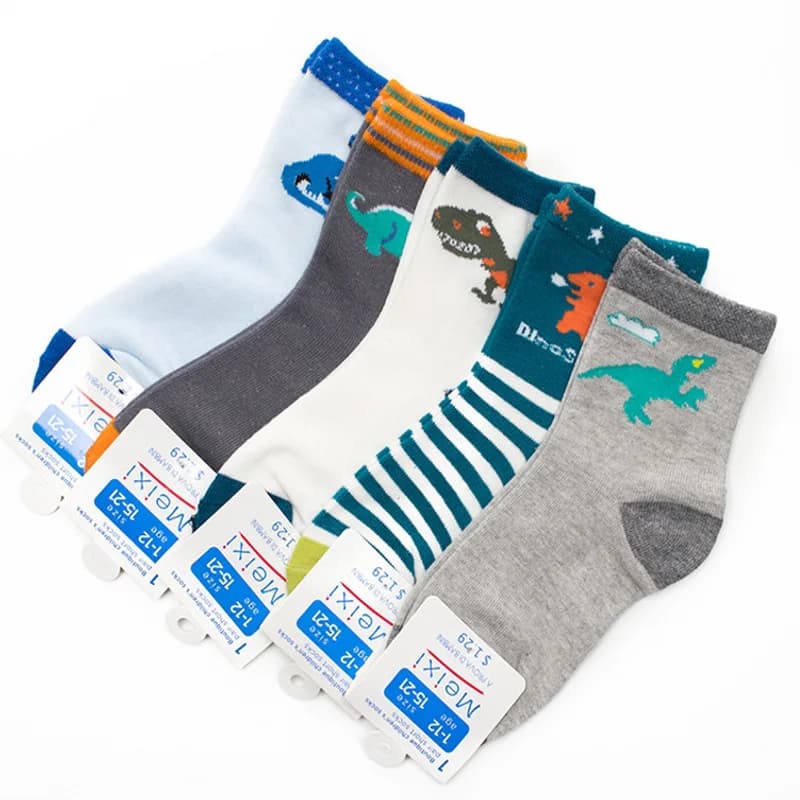 Meias de dinossauro para crianças, meias de algodão para meninos e meninas, meias fofas para crianças de 2 a 12 anos, primavera e outono, 5 pares, novas