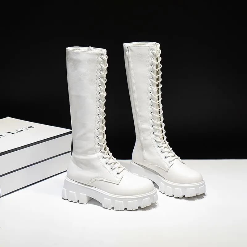 Aphixta 2025 sapatos de inverno das mulheres botas altas longas branco couro do plutônio joelho botas altas moda feminina rendas até plataforma botas mujer