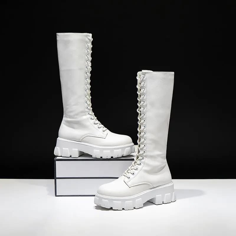Aphixta 2025 sapatos de inverno das mulheres botas altas longas branco couro do plutônio joelho botas altas moda feminina rendas até plataforma botas mujer