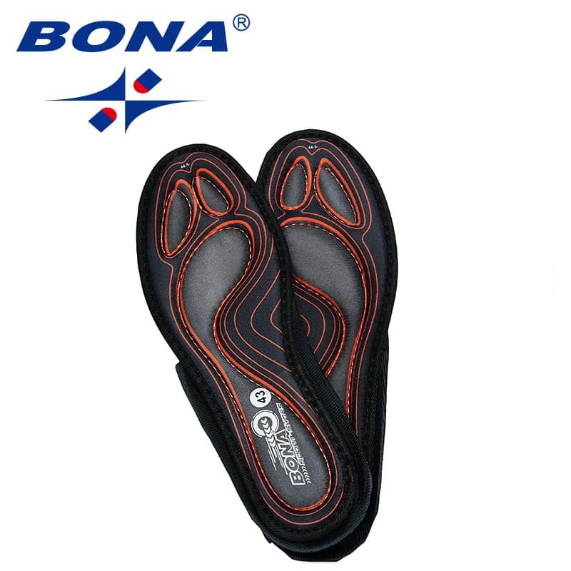 Palmilha ortopédica masculina preta com detalhes em vermelho e logo Bona visível