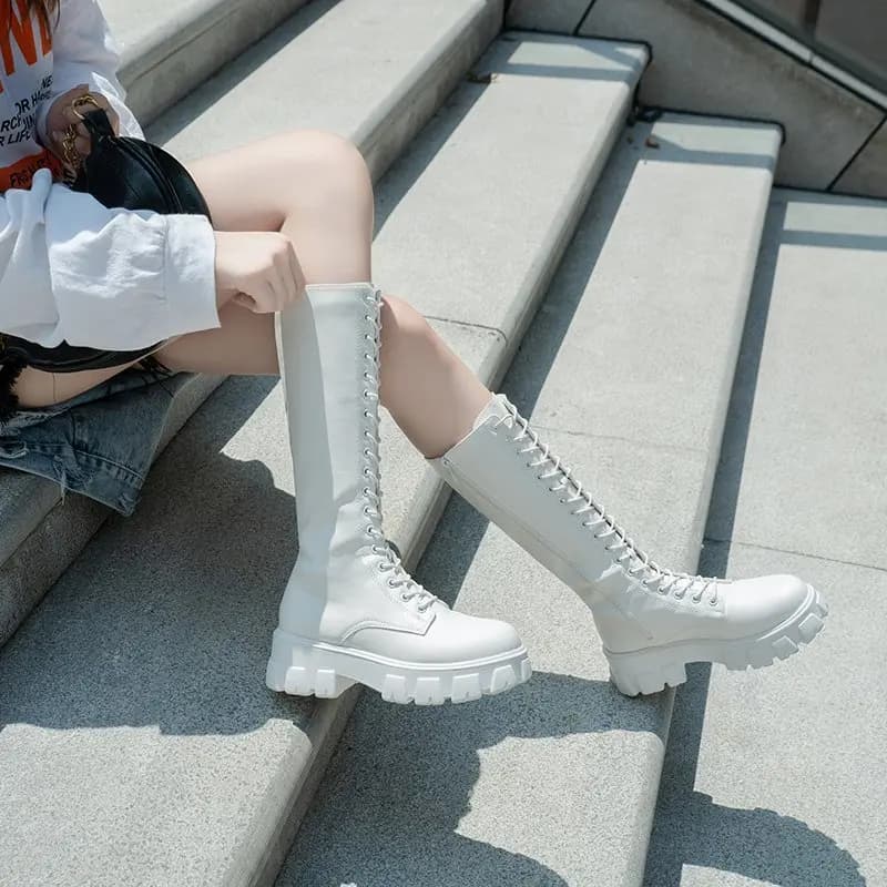 Aphixta 2025 sapatos de inverno das mulheres botas altas longas branco couro do plutônio joelho botas altas moda feminina rendas até plataforma botas mujer