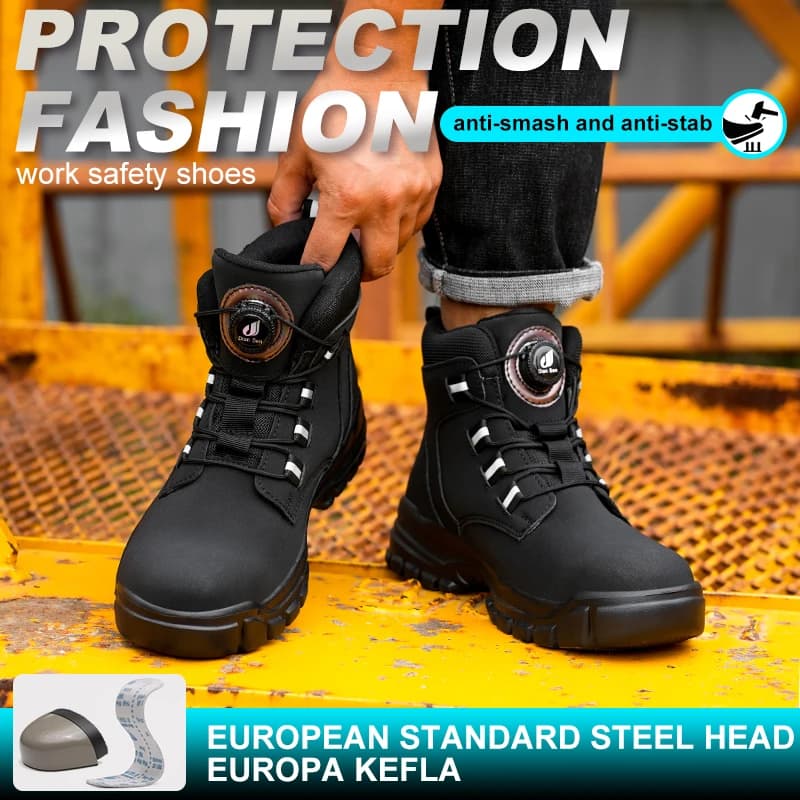 Botas de trabalho masculinas à prova d'água, segurança, biqueira de aço, sapatos indestrutíveis, palmilhas anti-esmagamento, botão rotativo, botas industriais