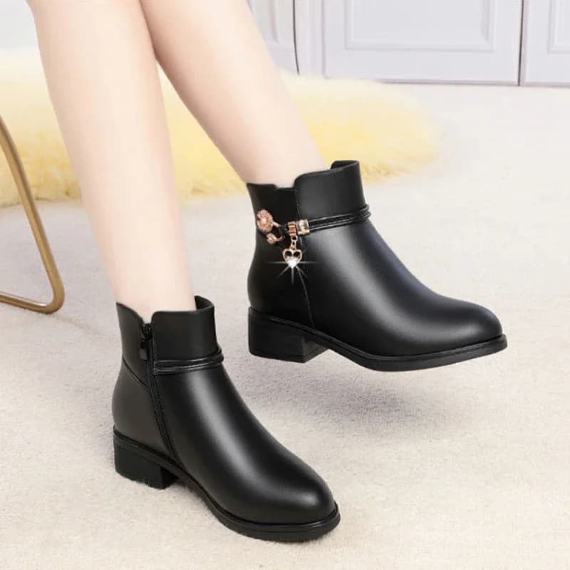 Botas de couro de strass para mulheres, sapatos de salto baixo cabeça redonda, fecho lateral, calçado de algodão quente, outono, inverno