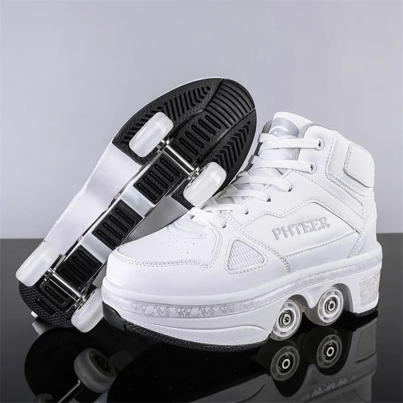 Tênis de patins com rodas branco e preto para crianças e adultos