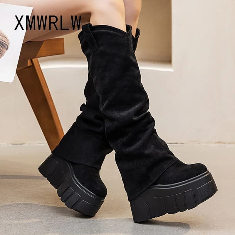 Xmwrlw 2025 outono inverno mulheres joelho botas altas sapatos de plataforma quente de pelúcia botas altas femininas sola de borracha outono inverno bota