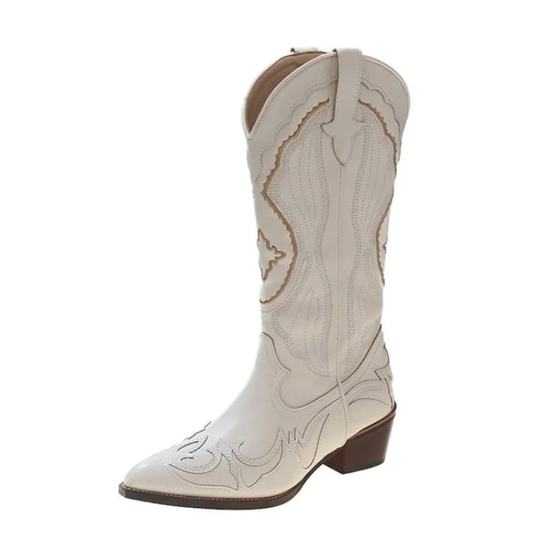 Outono bordado ocidental botas de cowboy novos saltos quadrados sapatos pontiagudos moda casual botas longas confortáveis sapatos à prova dwaterproof água