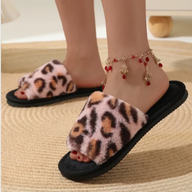 2025 inverno quente fofo peludo leopardo chinelos feminino leve saltos planos slides de pele casais piso interior sandálias confortáveis