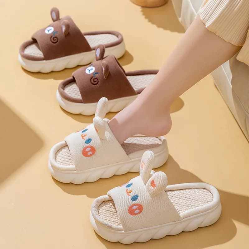 Casa chinelo de linho para mulheres bonito coelho nuvens flip flops design feminino sapatos aconchegantes slides quatro temporada plataforma casais sandálias