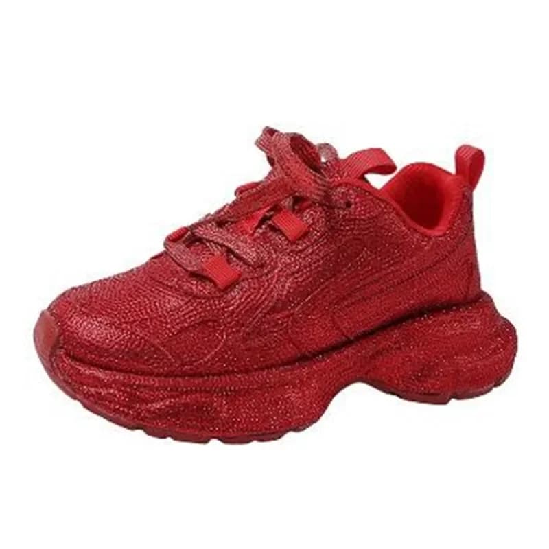 Tênis feminino vermelho Bling Runner plataforma com acabamento brilhante e design casual
