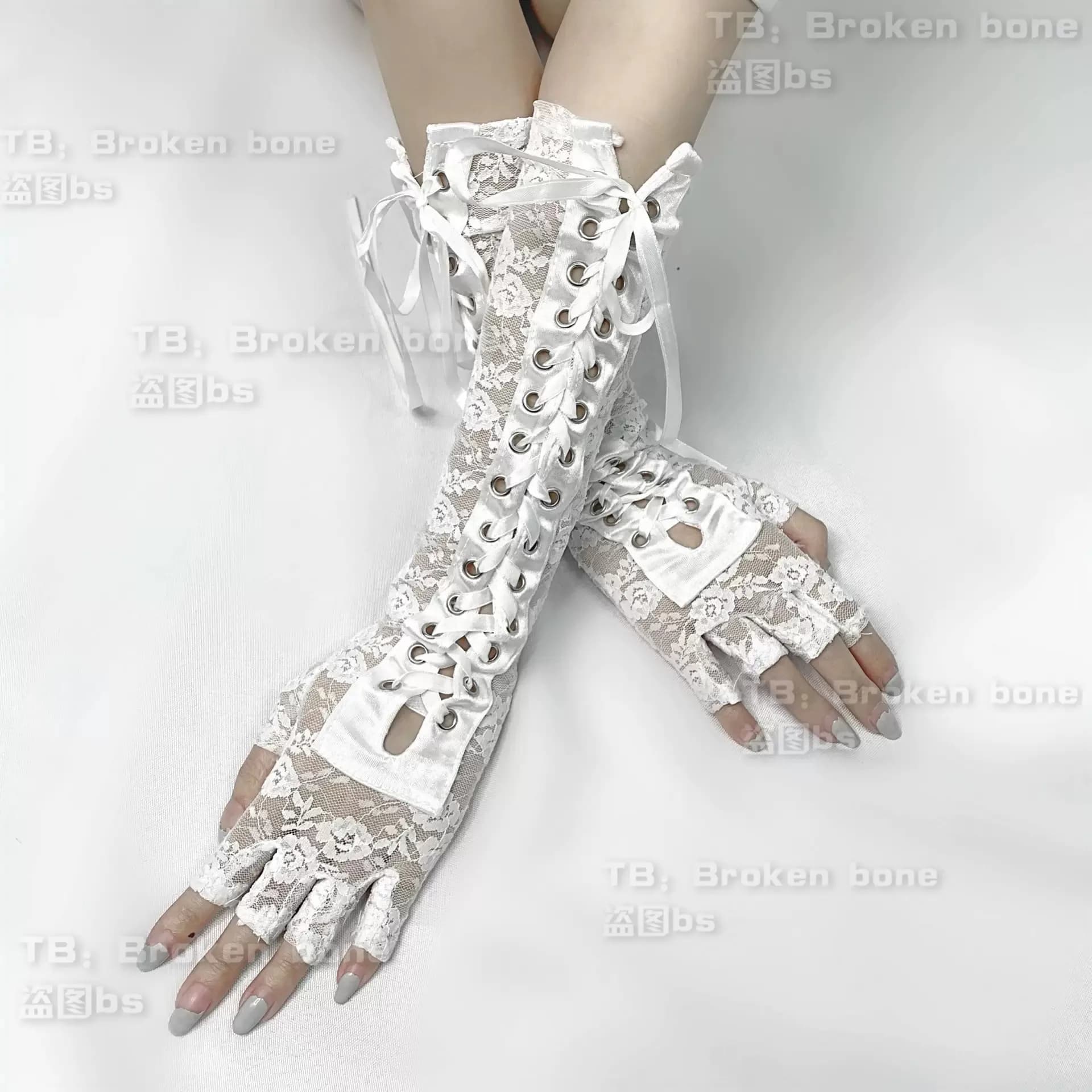 Luvas de bandagem de malha com cordões para meninas, renda japonesa Lolita, manga de braço longo, branco, preto, legal, doce, legal