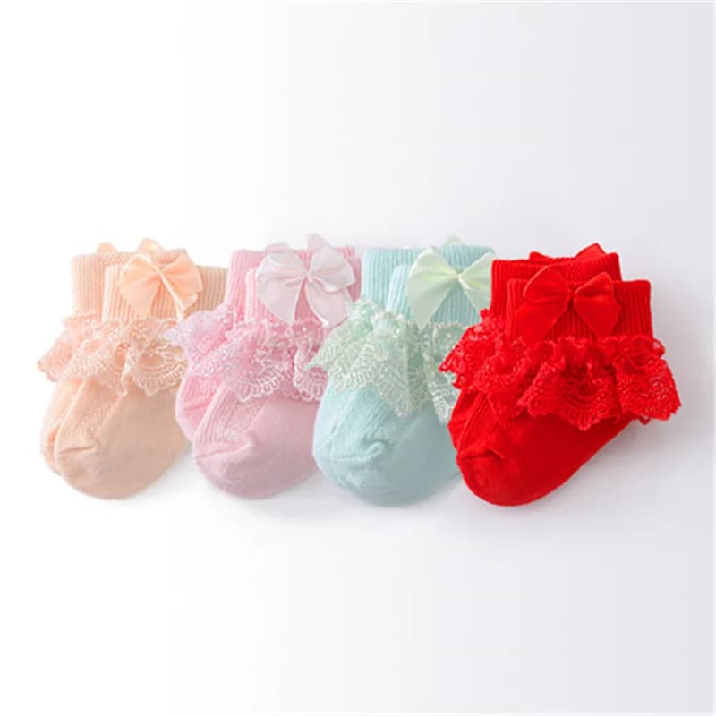 Lawadka 4 pares/lote meias do bebê recém-nascido para meninas algodão rendas infantil meninas meia princesa arco da criança do bebê meninas meias primavera 0-24m