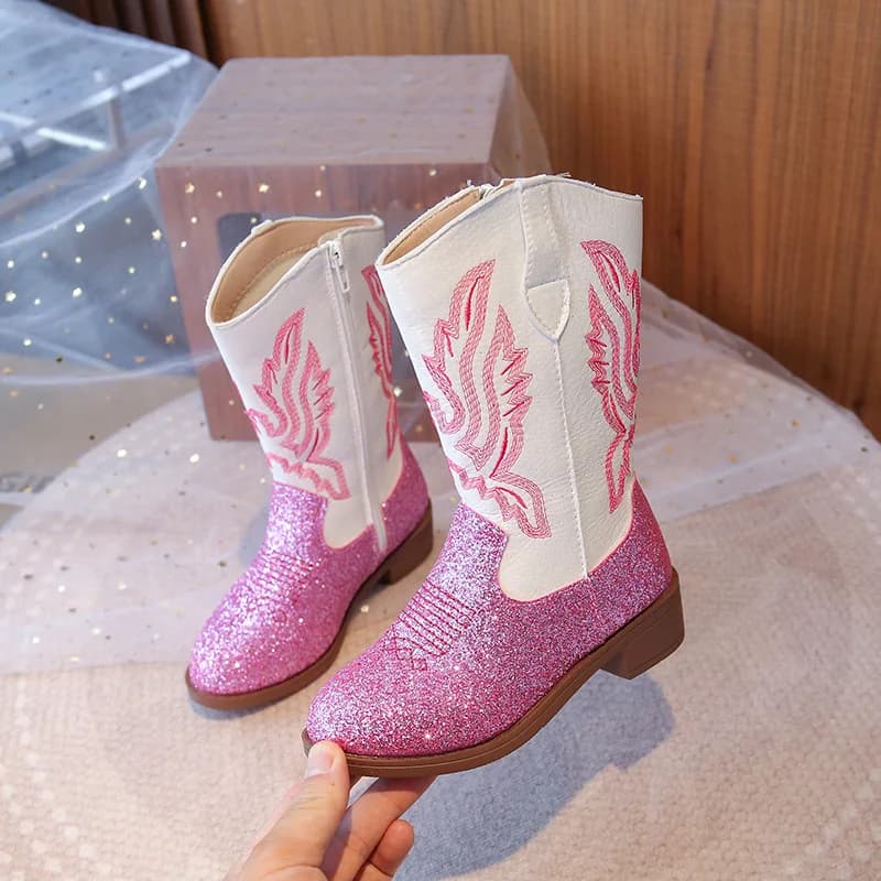 Meninas botas da criança engrenagem de neve meados de bezerro glitter ocidental cowboy bota 2025 outono grande criança equitação meninas botas tamanho 27-36 crianças sapatos