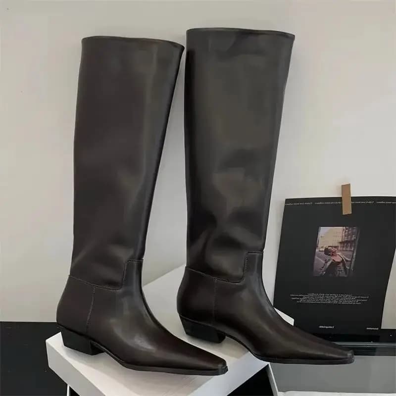 Eilyken outono inverno couro macio feminino joelho botas altas saltos quadrados confortáveis senhoras sapatos botas largas mujer