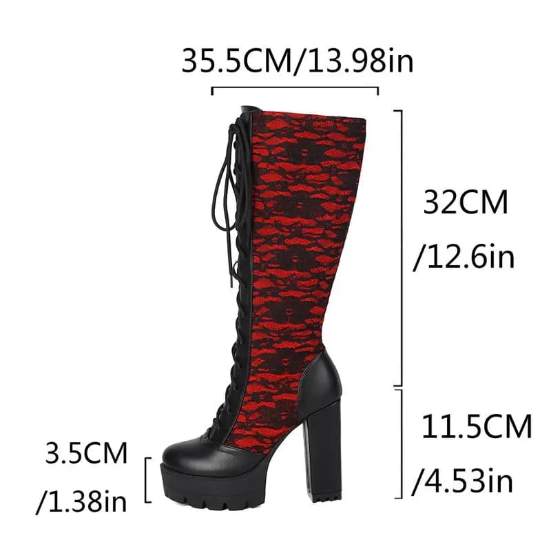 Reave cat 2025 rendas mulheres joelho botas altas dedo do pé redondo saltos grossos 11.5cm plataforma 3.5cm rendas até multi cor 49 50 botas elegantes