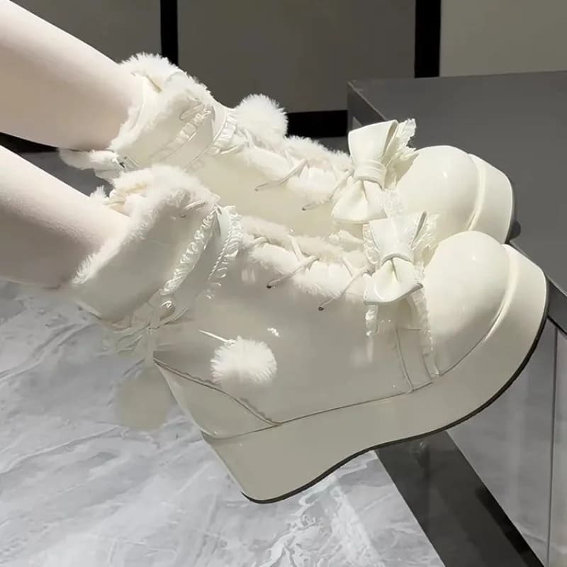 Doce inverno botas femininas arco sapatos peludos para mulher bonito couro meninas lolita botas de neve cunha aumentando botas quentes botas mujer