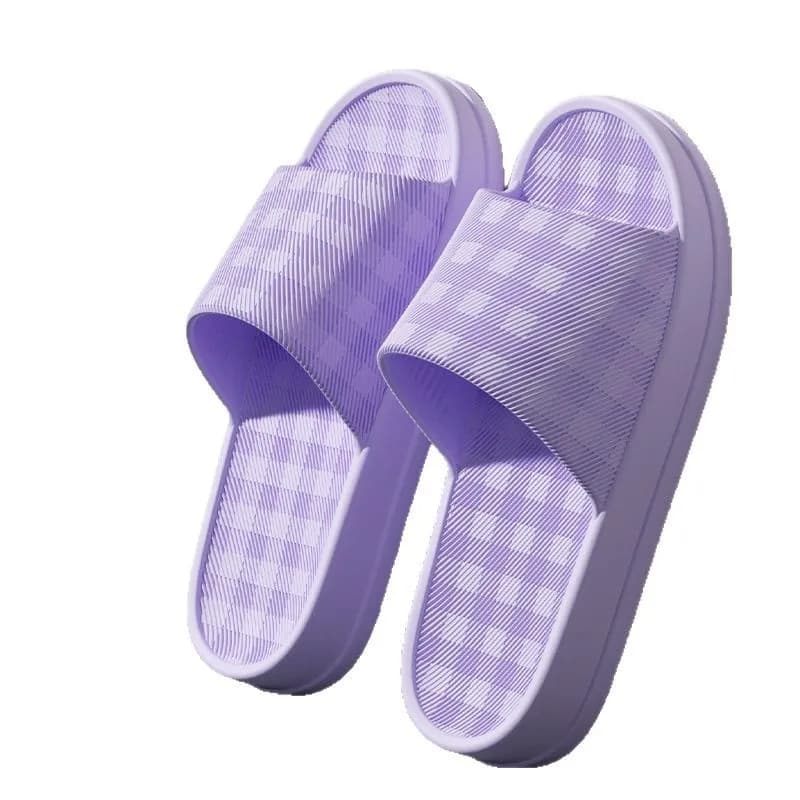 Chinelos de banheiro femininos com plataforma grossa, cor roxa, padrão quadriculado, antiderrapante, para uso interno.
