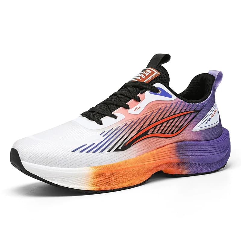 Tênis Gradient Runner unissex com design degradê laranja e roxo, malha respirável e solado antiderrapante
