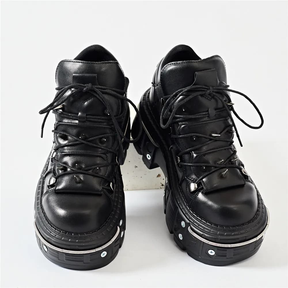 Punk feminino rendas tornozelo botas mujer 2025 rebite decoração de metal dedo do pé redondo botas de fundo grosso mulher boate rock plataforma sapato