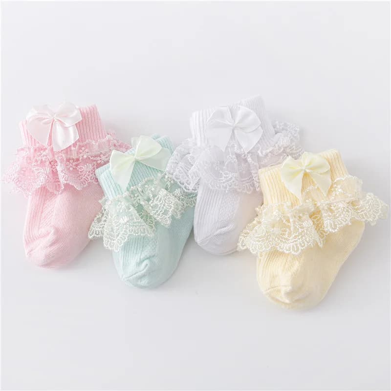 Lawadka 4 pares/lote meias do bebê recém-nascido para meninas algodão rendas infantil meninas meia princesa arco da criança do bebê meninas meias primavera 0-24m