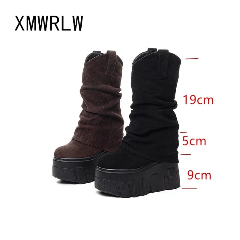 Xmwrlw 2025 outono inverno mulheres joelho botas altas sapatos de plataforma quente de pelúcia botas altas femininas sola de borracha outono inverno bota