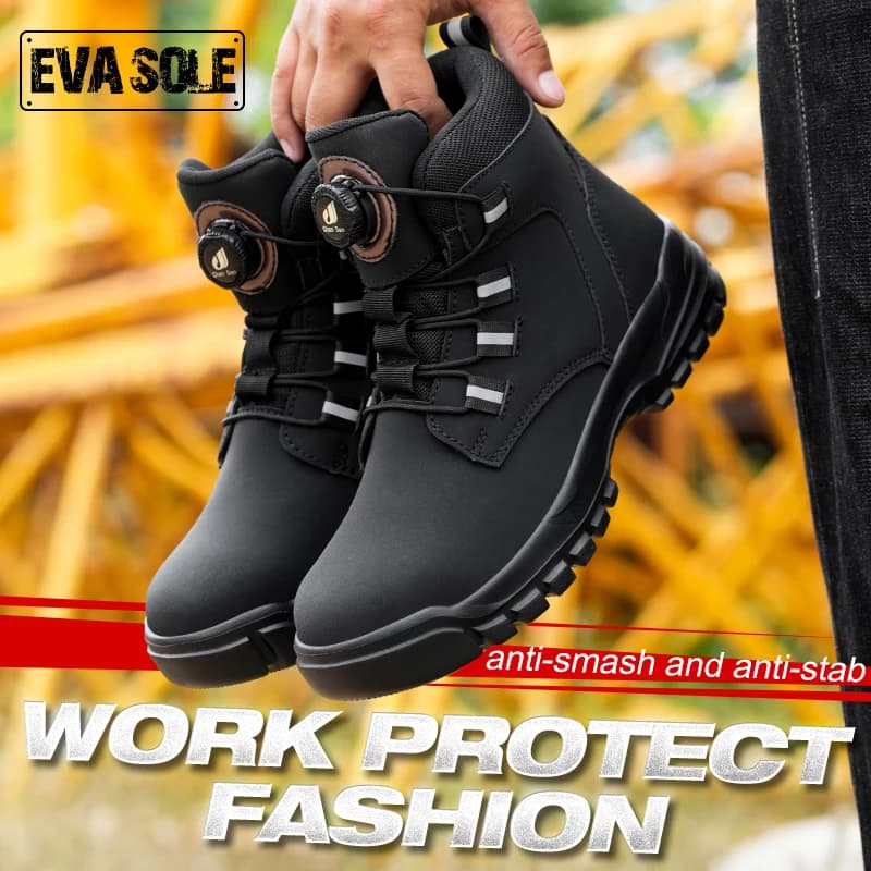 Botas de trabalho masculinas à prova d'água, segurança, biqueira de aço, sapatos indestrutíveis, palmilhas anti-esmagamento, botão rotativo, botas industriais