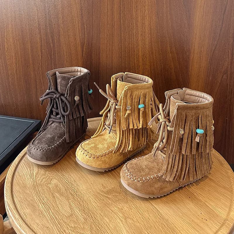 Botas moda retro meninas sapatos 2025 outono novas crianças borla tornozelo botas conforto anti deslizamento meninas botas de couro zapatos de mujer
