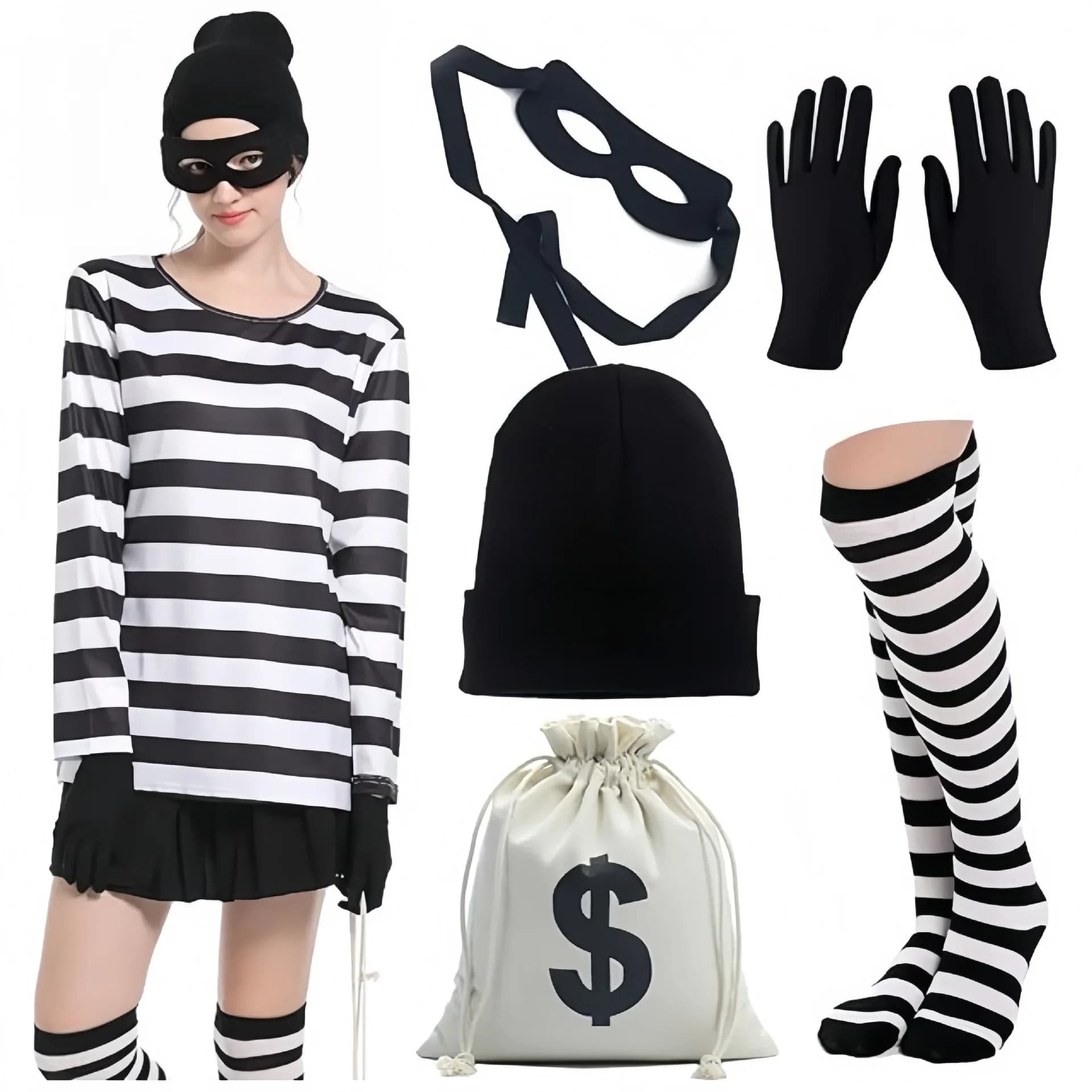 Convict ladrão cosplay traje feminino listra superior meia chapéu de malha luvas saco lona máscara olho prisioneiro carnaval festa outfit