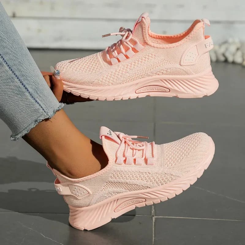 Tênis feminino Fly Weaving Mesh rosa claro com solado grosso e design respirável para uso casual