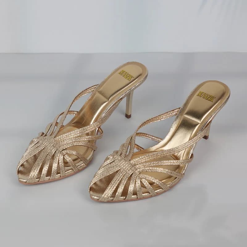 Novo ouro oco tira fina saltos para mulheres de luxo apontou toe bombas de salto senhora do escritório mules verão sapato stiletto sandálias 2025