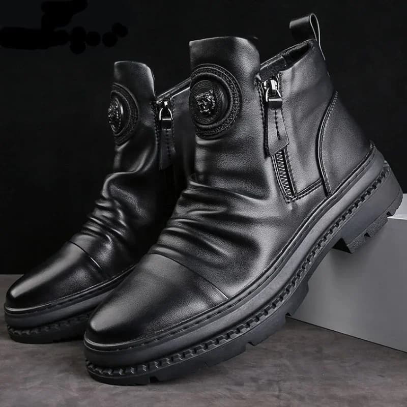 Botas de couro da motocicleta dos homens estilo britânico cabeça redonda sapatos altos zíper lateral andando botas plataforma casual bota masculina