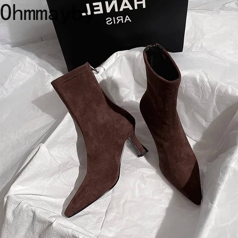 Vintage apontou toe feminino meia tornozelo botas outono senhoras elegante festa de salto alto curto botas zapatos de mujer