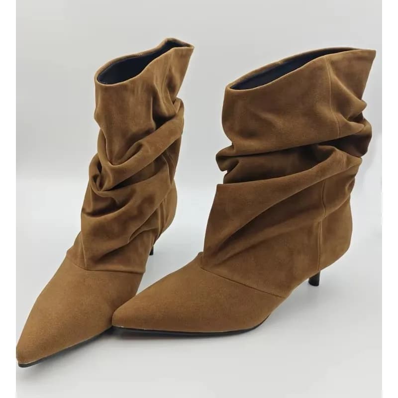 Botas Femininas Eilyken de Inverno Plissadas até o Joelho, Retrô com Bico Fino e Salto Gatinho, Confortáveis e Leves, Botas Designer para Mulheres