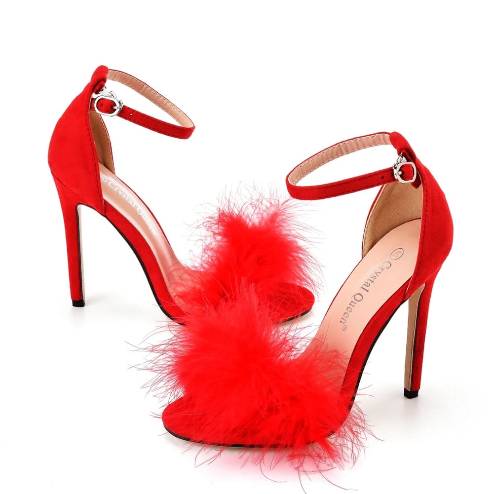 Cristal rainha mulheres sandálias de verão fofo peep toe stilettos salto alto pele pena senhora sapatos casamento tamanho grande 42