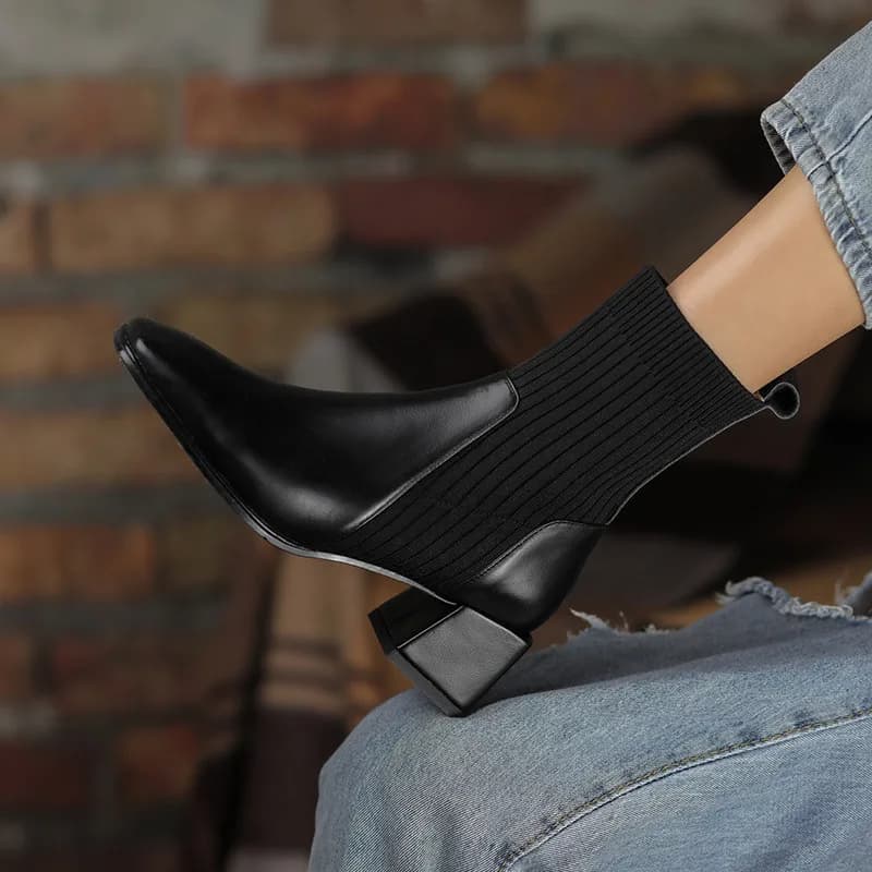 Novas Botas Curtas de Salto Alto Femininas de Tricô Tamanho Grande 43 para Outono Inverno 2026 - Calçado Feminino Slip-on