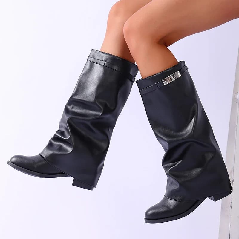 Marca de design preto couro do plutônio joelho botas altas mulheres deslizamento na altura aumentar botas longas mulher moda plus size 42 perna larga botas