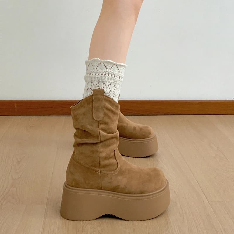 Botas Femininas de Cano Curto com Plataforma Robusta e Sola Grossa, Bico Redondo, Estilo Slip-On, Coleção Outono Inverno 2026