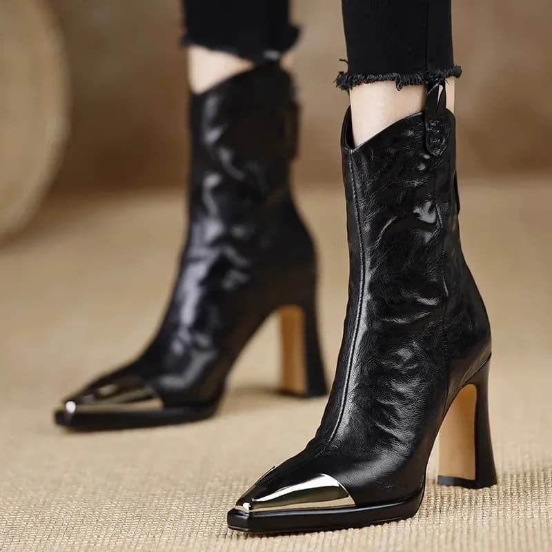 2024 novo metal dedo do pé quadrado botas de tornozelo para mulheres moda couro patente sapatos femininos botas mujer sapatos de salto alto feminino zapatos