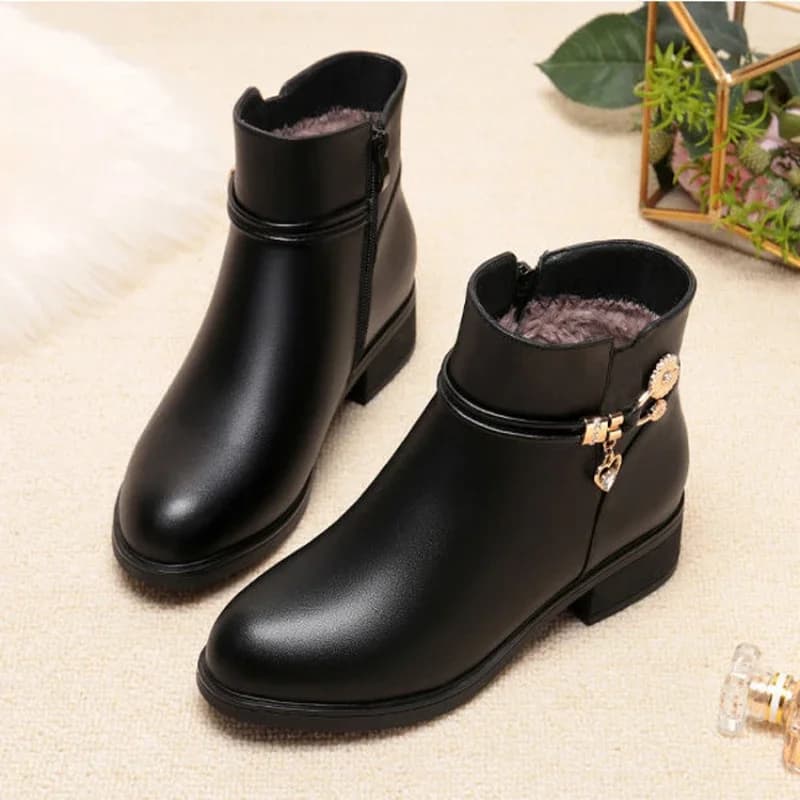 Botas de couro de strass para mulheres, sapatos de salto baixo cabeça redonda, fecho lateral, calçado de algodão quente, outono, inverno