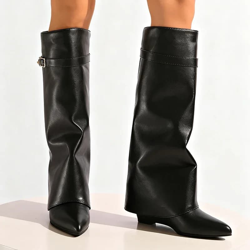 Preto couro do plutônio joelho botas altas mulheres sexy apontou toe botas de perna reta mulher estilo punk cunha salto alto longo botas mujer