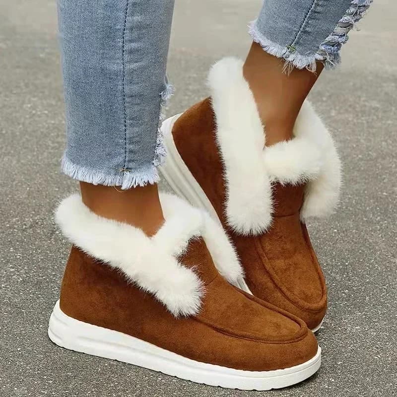 Novas senhoras deslizamento em botas de tornozelo confortáveis mulheres inverno quente pele de pelúcia botas de neve sapatos de camurça calçados femininos botas femininas